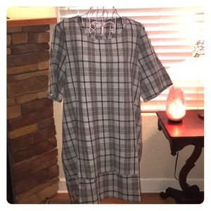 Linen Mini Dress black grey plaid